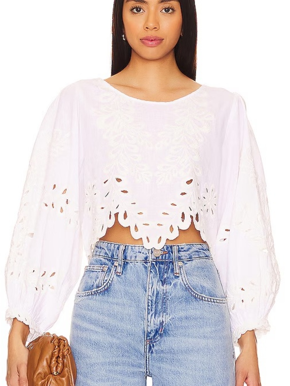 Free People Oleander White Embroidered Cropped Peasant Top